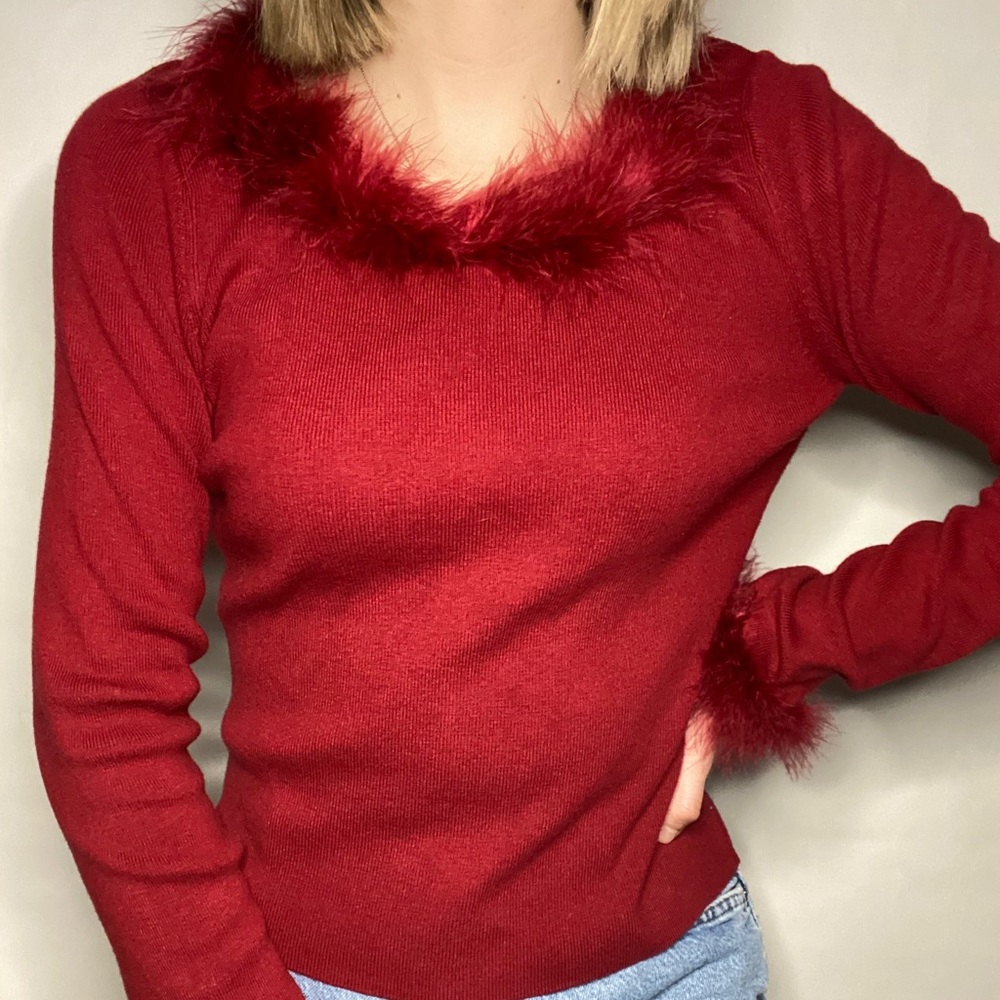 Red feather trim sweater